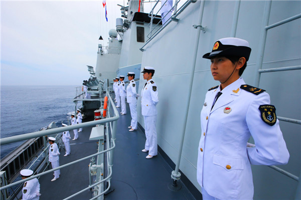 Chinese female sailors at China-Russia sea drills